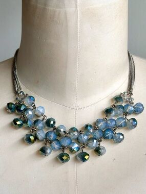 Kenneth Cole Glass Faceted Bead Necklace Multi Strand Silver Tone Chains Collar